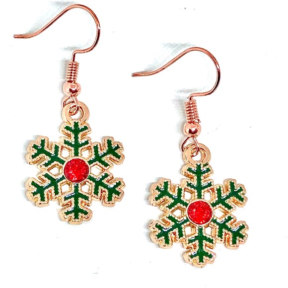 Christmas Green Enamel Red Crystal Rhinestone Snowflake Rose Gold Plate Earrings - Picture 3 of 4